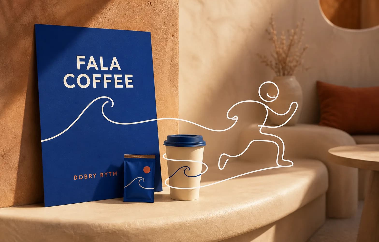 Kobaltowy plakat Fala Coffee, kubek i opakowanie z ilustracją jednej linii